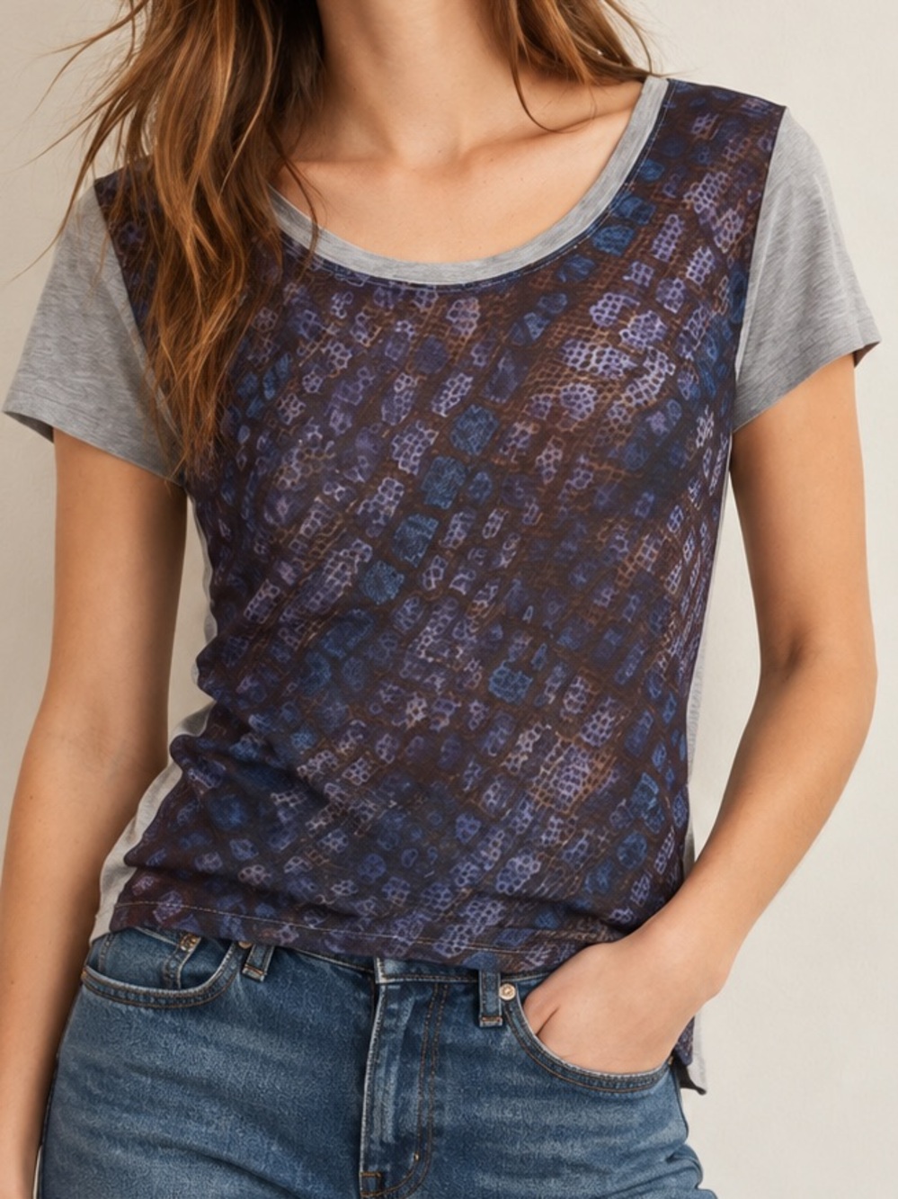 VS Tee Shop Gray Purple Sheer Snakeskin Print High Low Short Sleeve